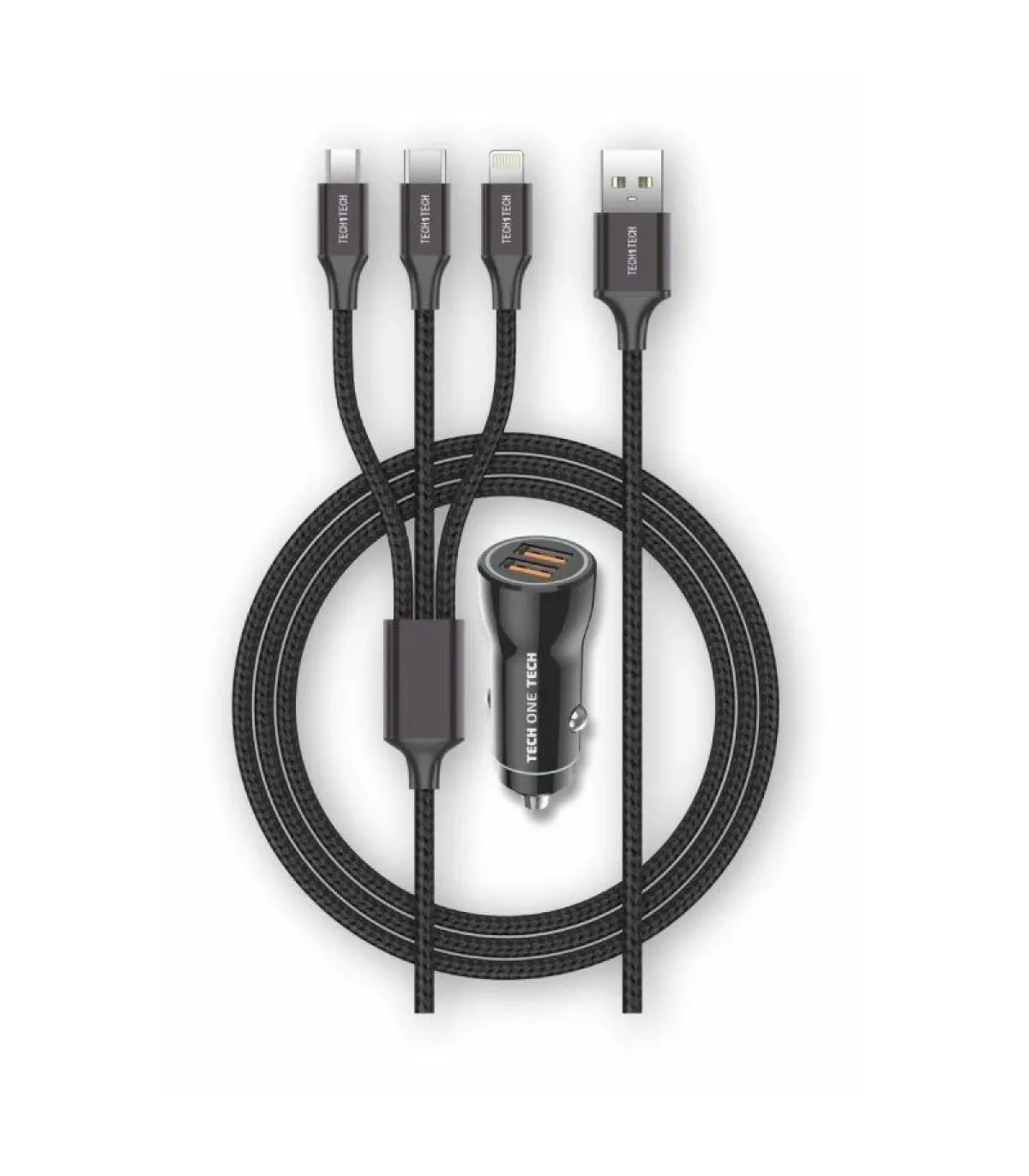 TechOneTech Cargador de Coche 2x USB-A + Cable 3 en 1 MicroUSB, Lightning y  USB-C - Color Negro